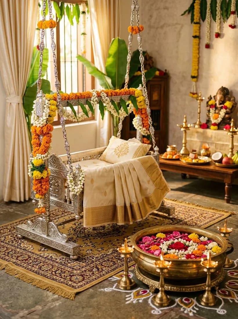 Silver cradle decorated with marigolds for a naming ceremony