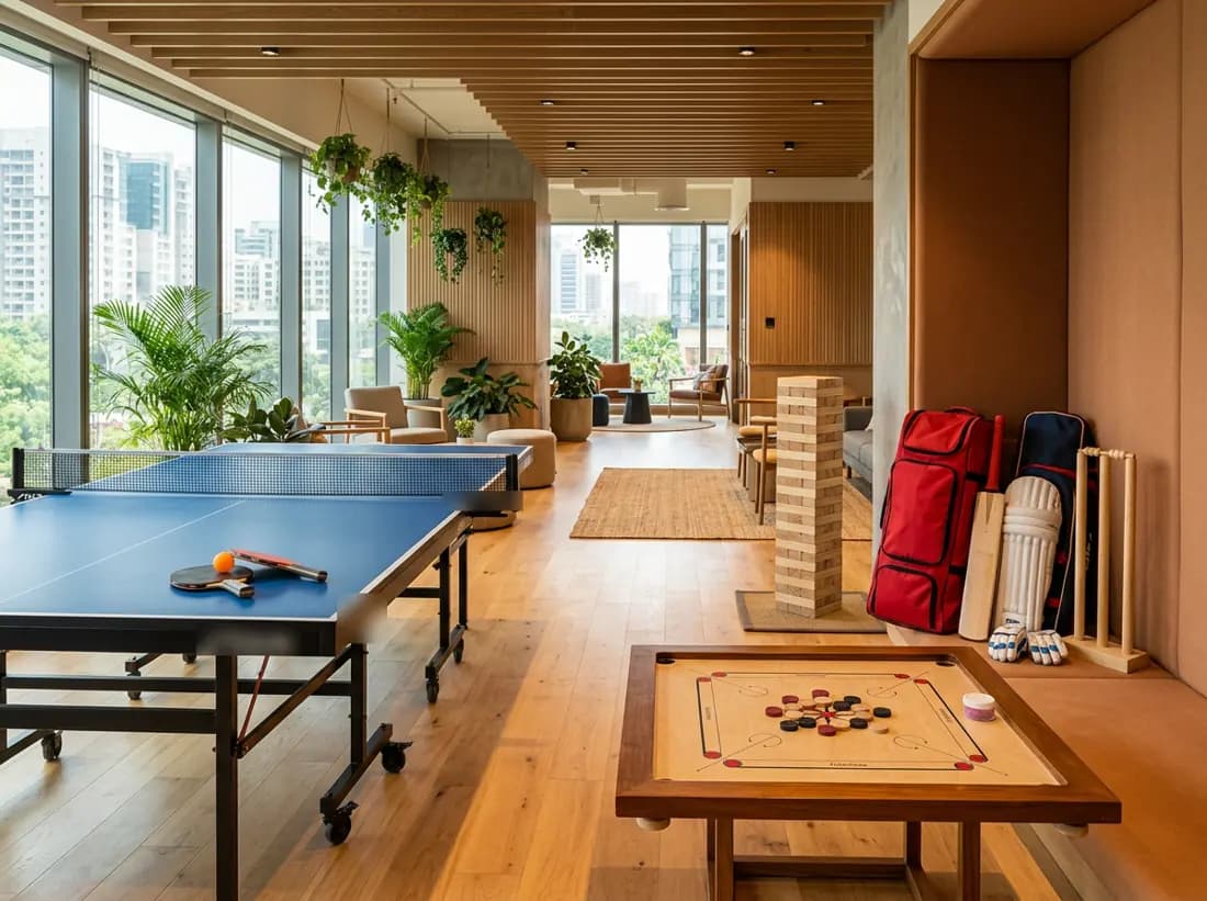 Table tennis table and carrom set up in an office