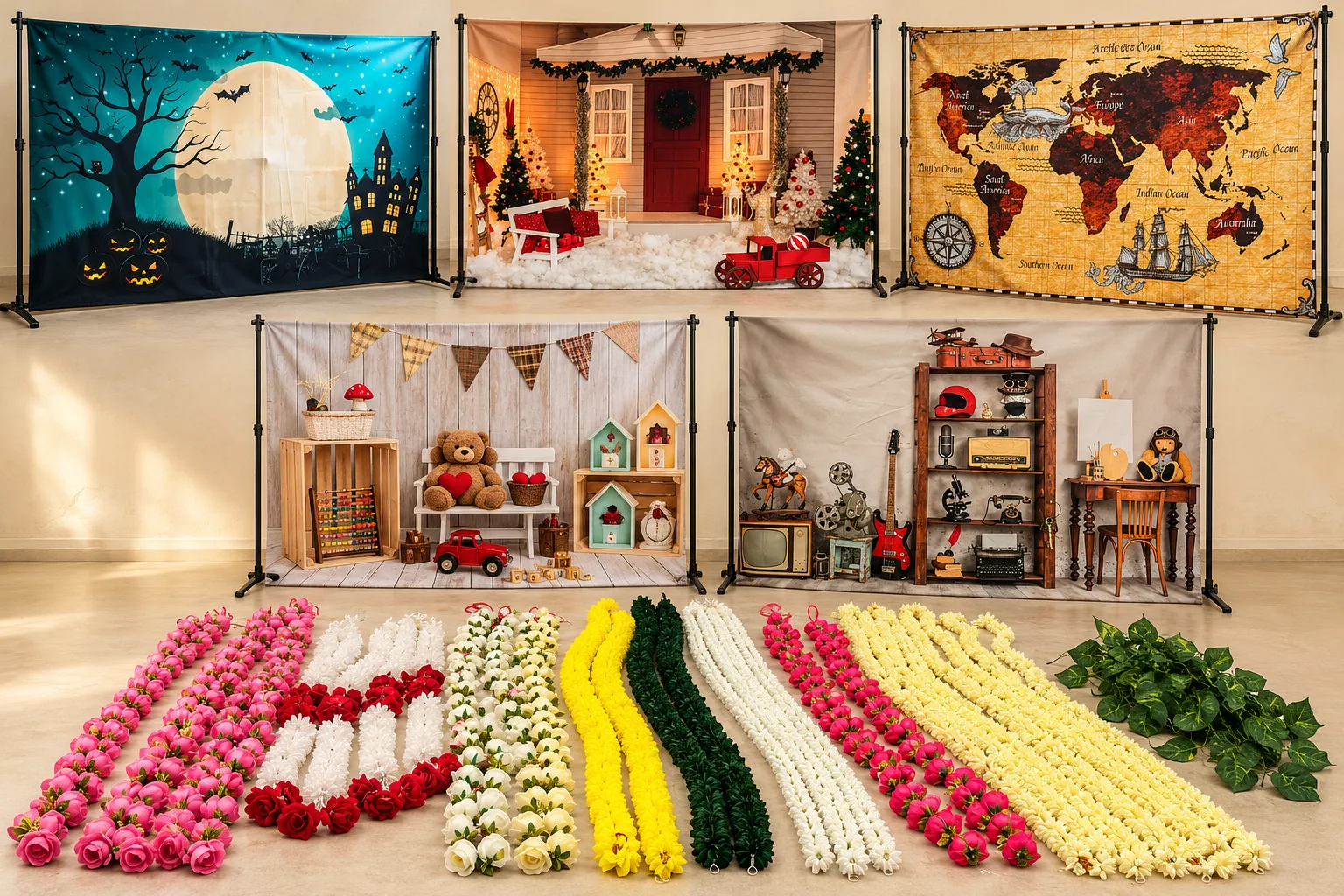 Artificial Flowers & Garlands + Background Cloths
