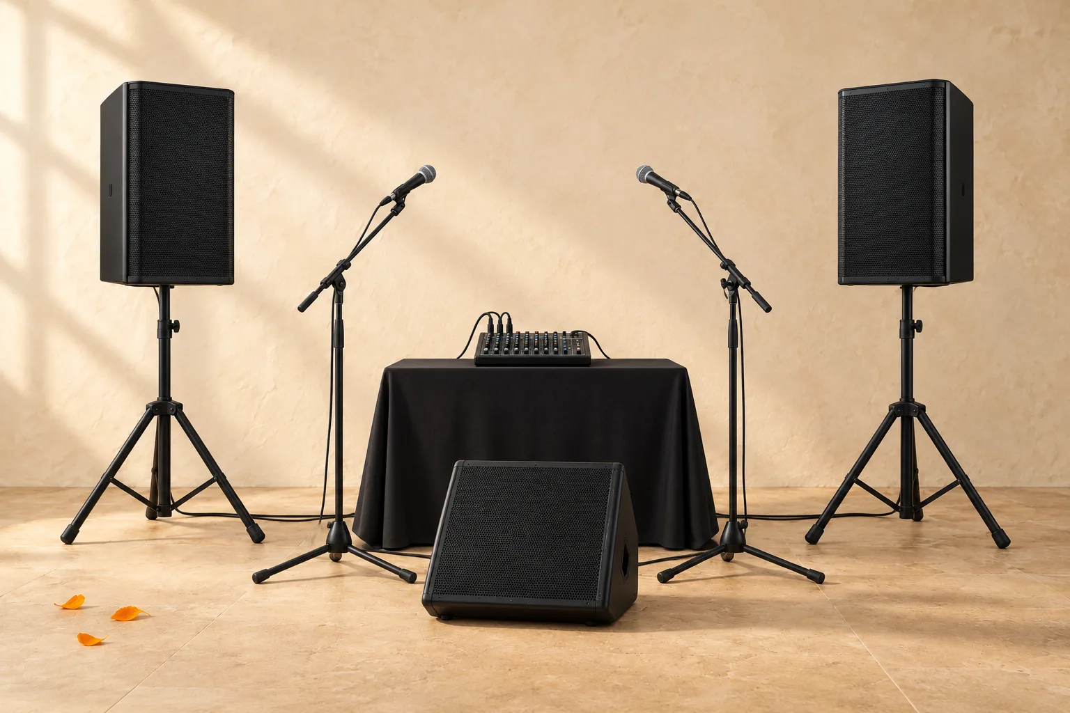QSC mini DJ setup (3× 1000W sound boxes + mixer + mics)